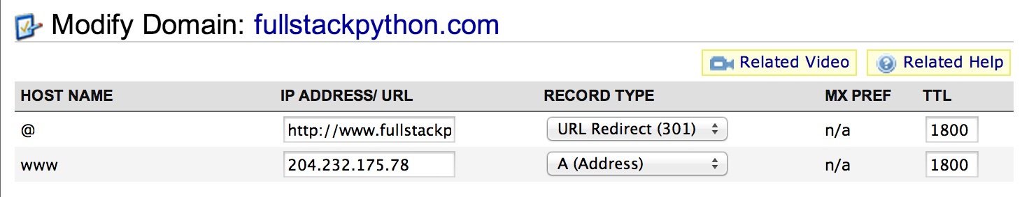 Namecheap host records for fullstackpython.com