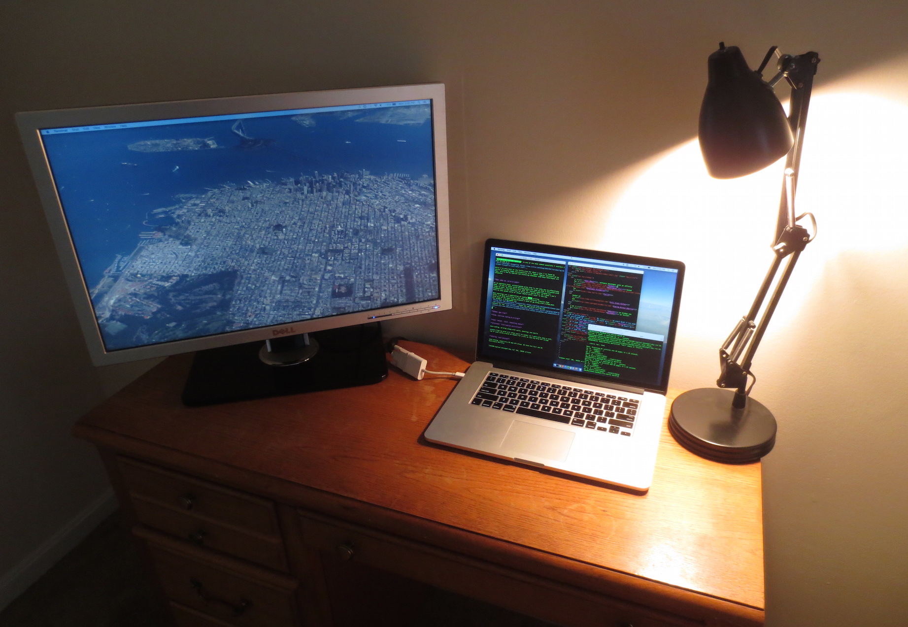 The simple desk with external monitor I use to work from home